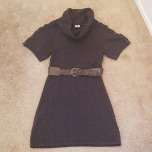 Dark grey cowl neck sweater dress, knee length